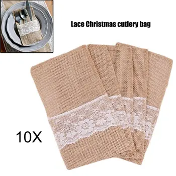 

10pcs Burlap Lace Cutlery Pouch Wedding Tableware Party Supplies Holder Bag Hessian Rustic Jute Table Decoration Accessories