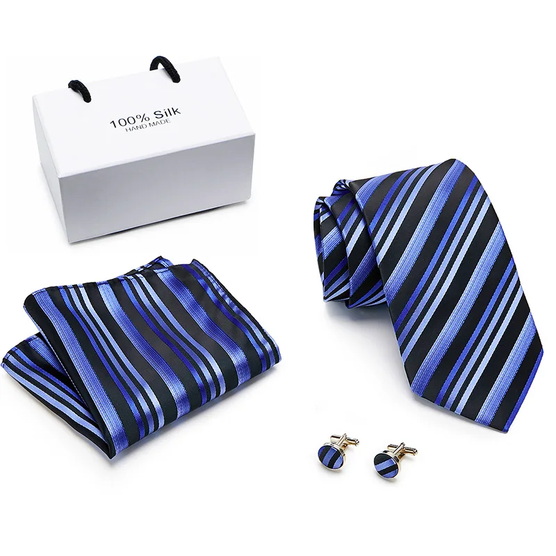 

8cm Men Tie Solid Blue striped Neck Ties Set Pocket Square Cufflinks for Wedding Party Formal Suit Cravata