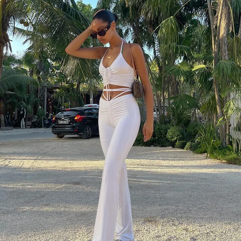2021 Summer New Pop Fashion Sexy Lace Uup Hanging Neck Exposed Navel Top Wrinkled Micro Flare Pants Set Two-Piece For Women |