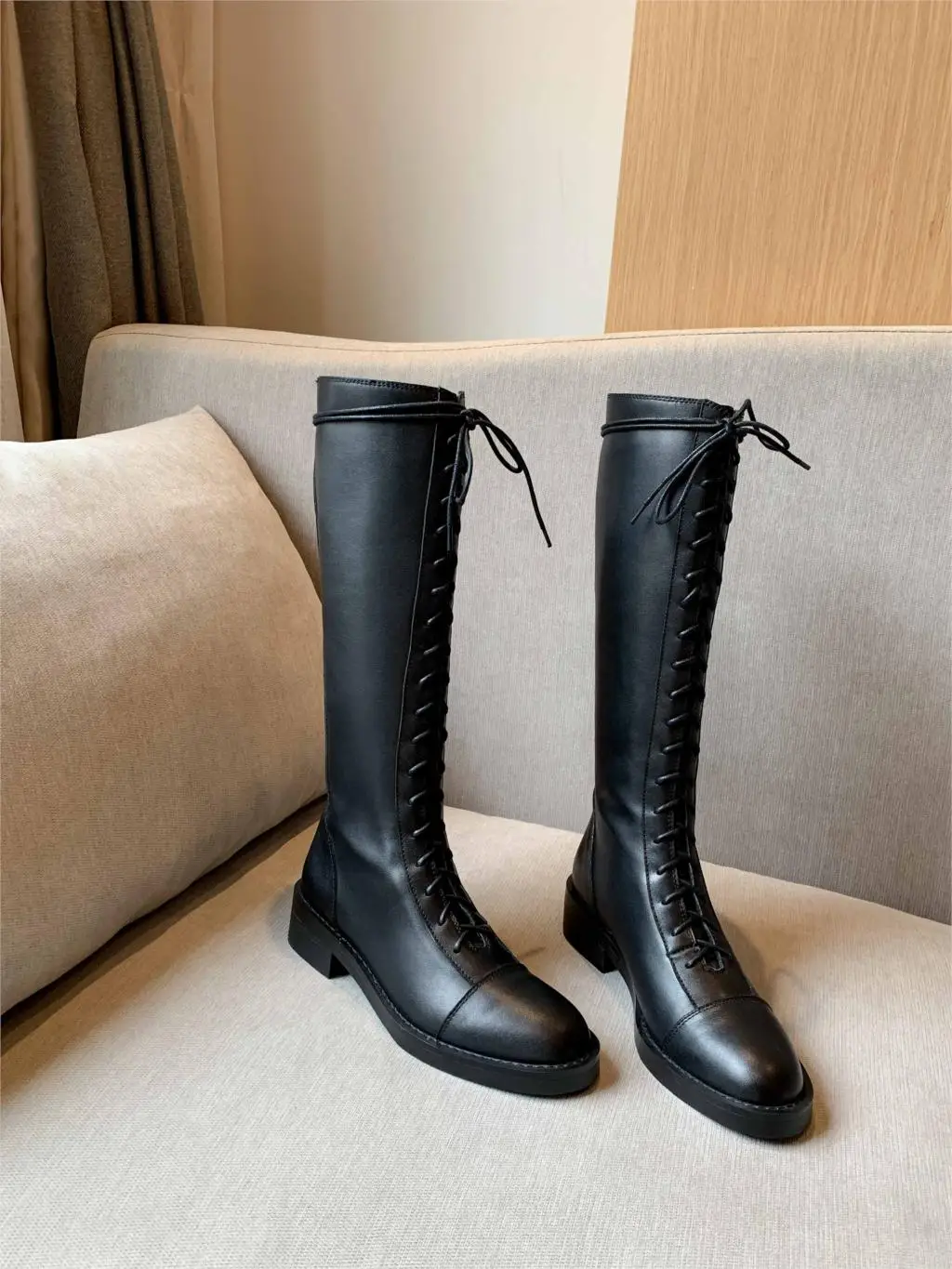 Bottes femme/сапоги для верховой езды женская новая зимняя теплая обувь сапоги в стиле панк из натуральной кожи на шнуровке ботфорты