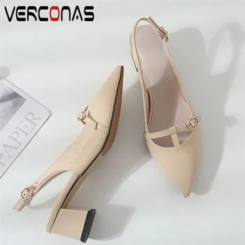 

VERCONAS Women Brand Design Buckle Thick Heel Popular Party Shoes Genuine Leather Pointed Toe Sandals Thick Heels Shoes Woman