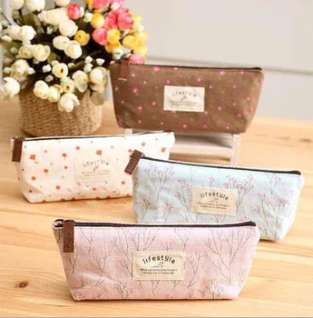 

Cute Kawaii Floral Flower Canvas Zipper Pencil Cases Lovely Fabric Tree Pen Bags School Supplies