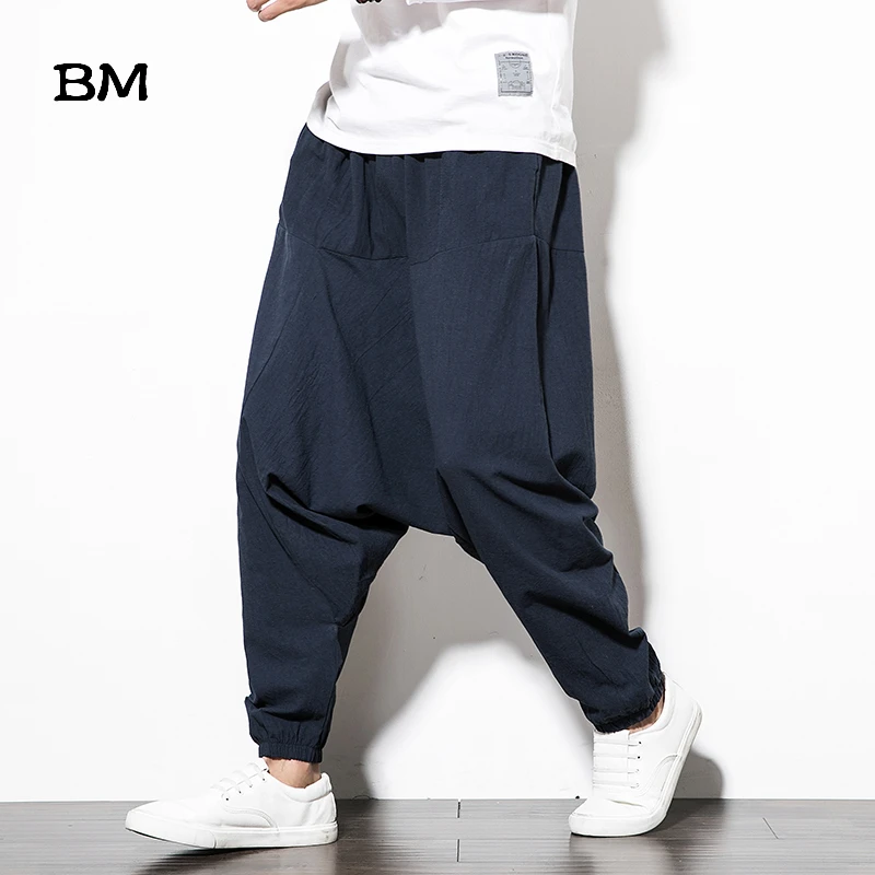 Harem Pants Joggers-Trousers Wide-Leg Harajuku Japanese Big-Size Loose Cotton Linen Hip-Hop