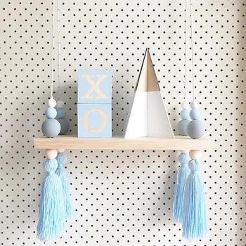 

Blue-Grey Bead Hanging Storage Plate For Photo Album Tassel Kids Room Organizer Shelf