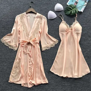 

2pcs/set Wedding Solid Night Lightweight Long Women Robe Half Sleeve Loose Elegant Lace Soft Silky Bath Waist Tie Bridal Sexy