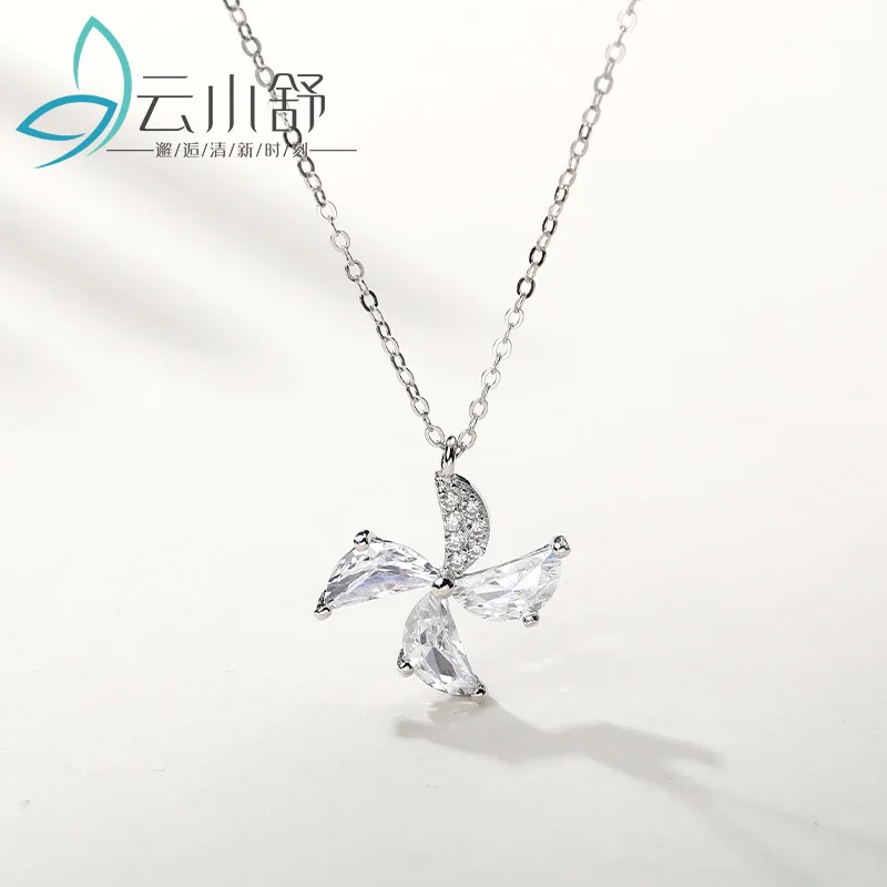 

S925 Sterling Silver Necklace Korean-style Elegant Zircon Pendant Creative Windmill Design Necklace Women's Accessories Hand Jew
