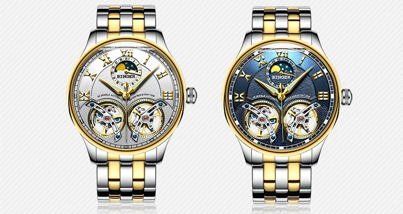 Швейцарские часы с двойным турбийоном, Бингер, Мужские автоматические механические наручные часы, кожа, relogio masculino