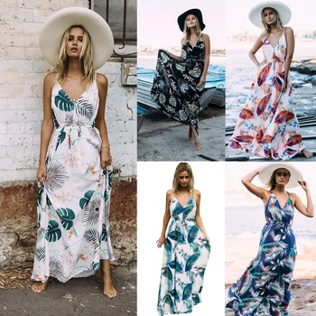 

1 x Dress Boho Floral Print Vintage Summer Beach Dress Strappy Hollow Out Women Sundress Bohemian Beach One-piece Dress