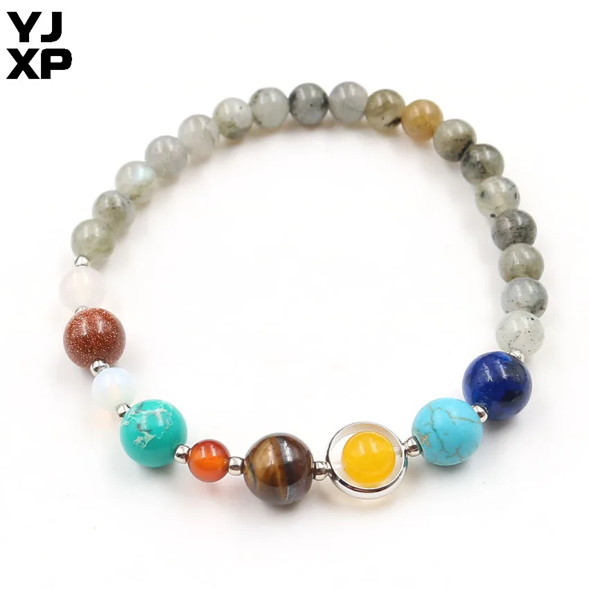 Браслет YJXP Planet Beads, посеребренный, для занятий йогой, чакр, эластичный браслет, натуральный кристалл, камень, унисекс, изготовление ювелирных изделий