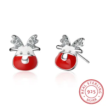 

925 Sterling Silver Christmas Jewelry Micro CZ Elk Deer Snowflake Red enamel Stud Earrings oorbellen For Women Girl S-E486