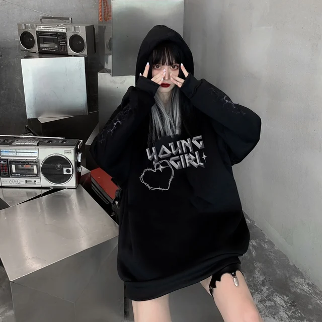 Black Gothic Women Outdoor Flocking Warm Hooed Sweatshirt Autumn