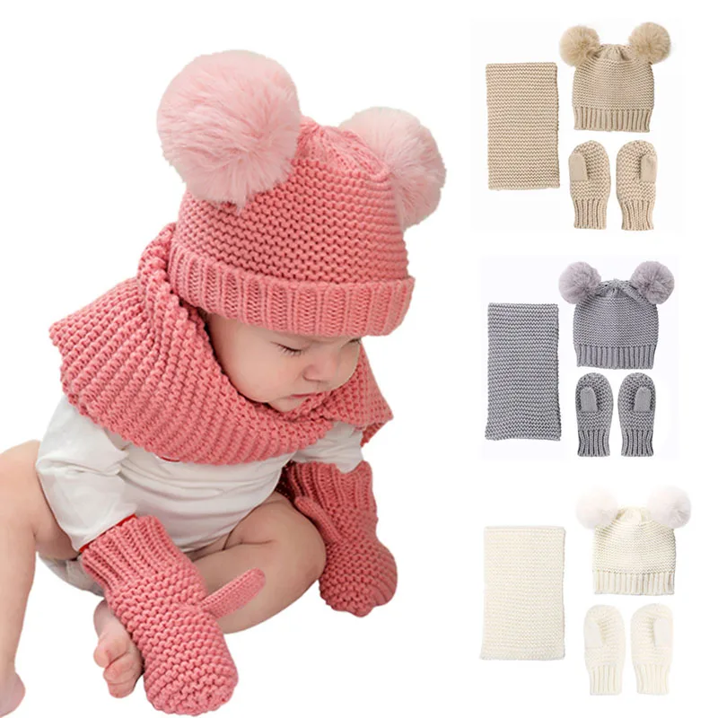 0-3 Years Winter Thick Warm Knitted Baby Hat Scarf Gloves Set Big Pompom Newborn Toddler Beanie Thicken Boy Girl Bonnet | Детская одежда