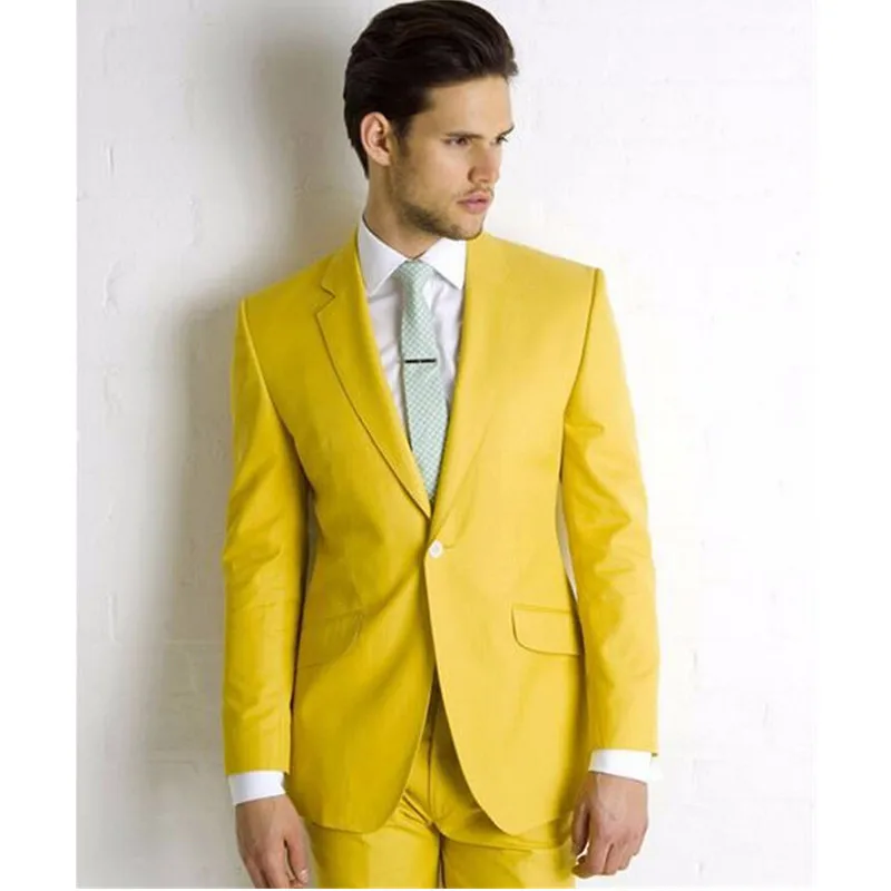 15-1 Yellow Wedding Suits For Men Shawl Lapel Groomsmen Tuxedos Mens Suits Slim Fit Groomsmen Suit (Jacket+Pants)