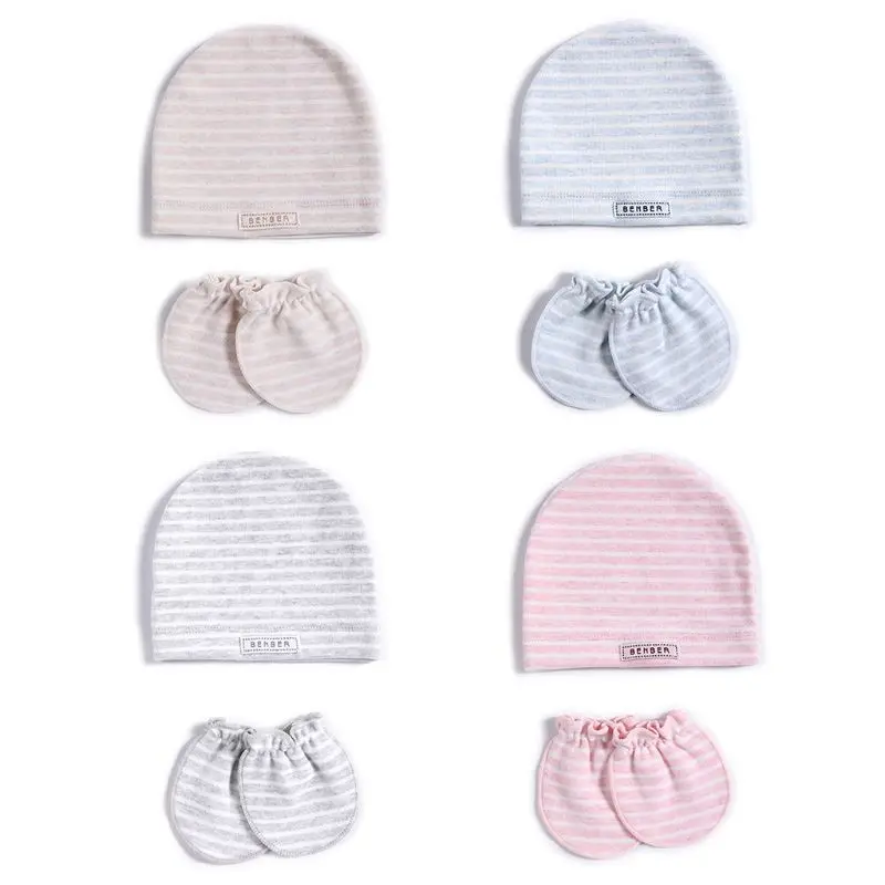 

2 Pcs/set Simple Newborn Baby Births Cap Glove Set Soft Cotton Kids Infants Anti-scratch Gloves Hat Gifts