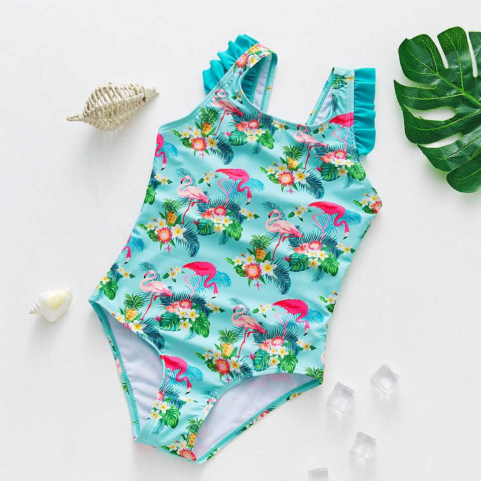 Bañador de una pieza para niñas pequeñas, Bikini con flamencos, traje de baño, ropa de playa, novedad de 2021