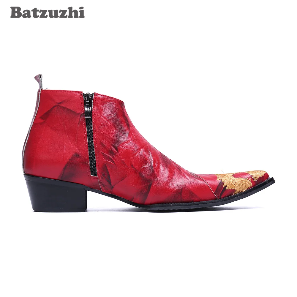 Batzuzhi 6.5cm Heels High Men Boots Shoes Fashion Handmade Leather Ankle Boots Men Red Party and Wedding Boots for Men Botas