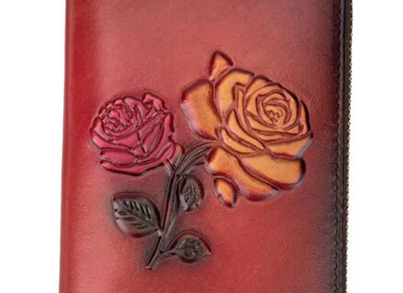 Genuine Embossed Leather Wrist Money Bags Female ID Credit Cards Clips Cash Flower Women Clutch Wallet Zipper Bag Long Purse