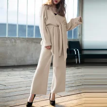Knitted Two Piece Sets Women 2019 Autumn Long Sleeve Sashes Knit Shirts and Wide Legs Pants Korean Causal Elegant 2 Pieces Suits
