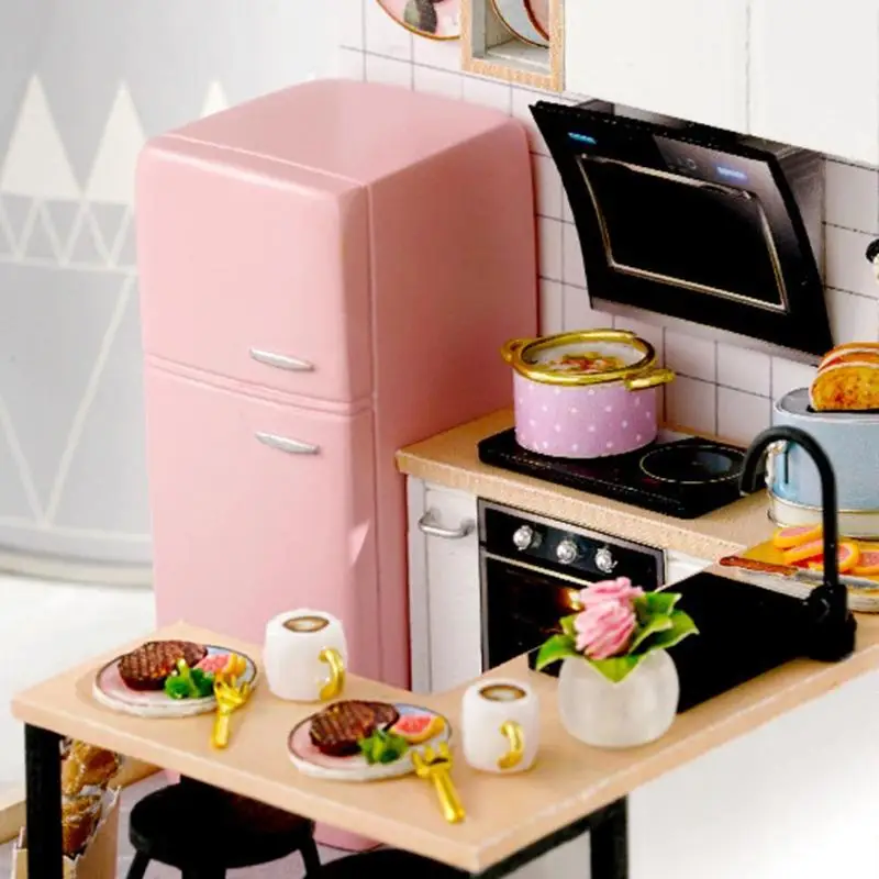 Мультфильм DIY Миниатюрный Кукольный домик деревянная мебель комплект для кукольного дома Модель Дети Девочка Монтессори DIY игрушки для детей рождественские подарки