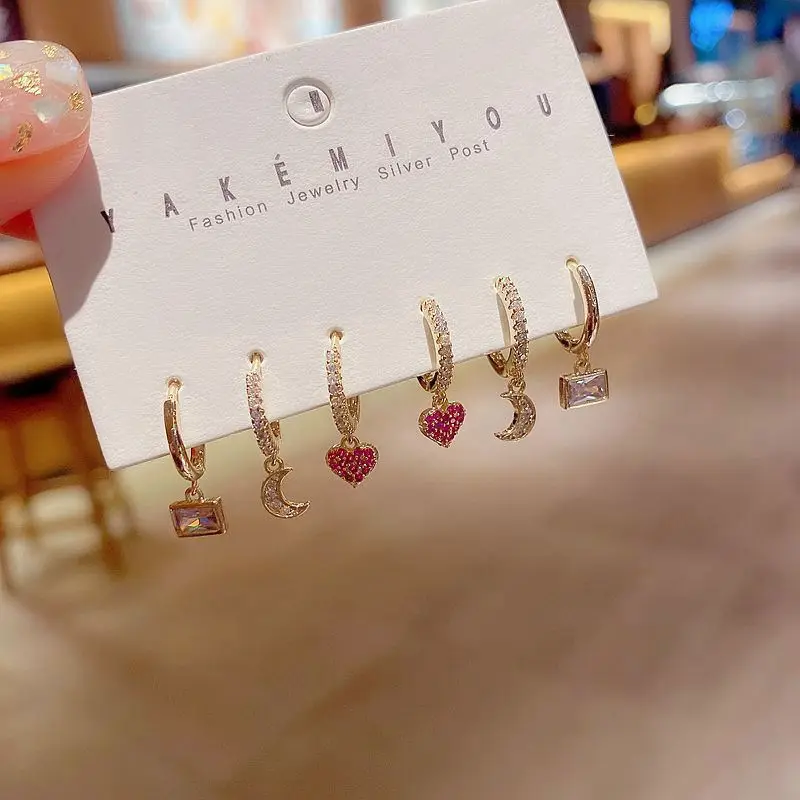 New Korean Style Inlaid With Shining Square Zircon Moon Earrings Heart Drop Earrings Set 6Pcs Romantic Women Exquisite Jewelry