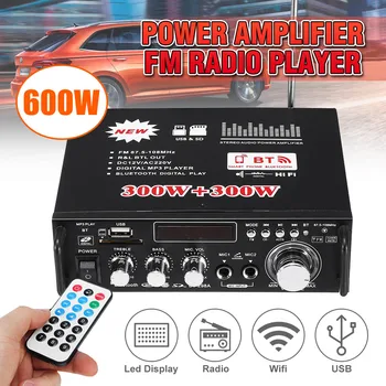 

600W 12V 220V 2CH LCD Display Digital HIFI Audio Power Amplifier bluetooth FM Radio Car Home Subwoofer Stereo Remote Control