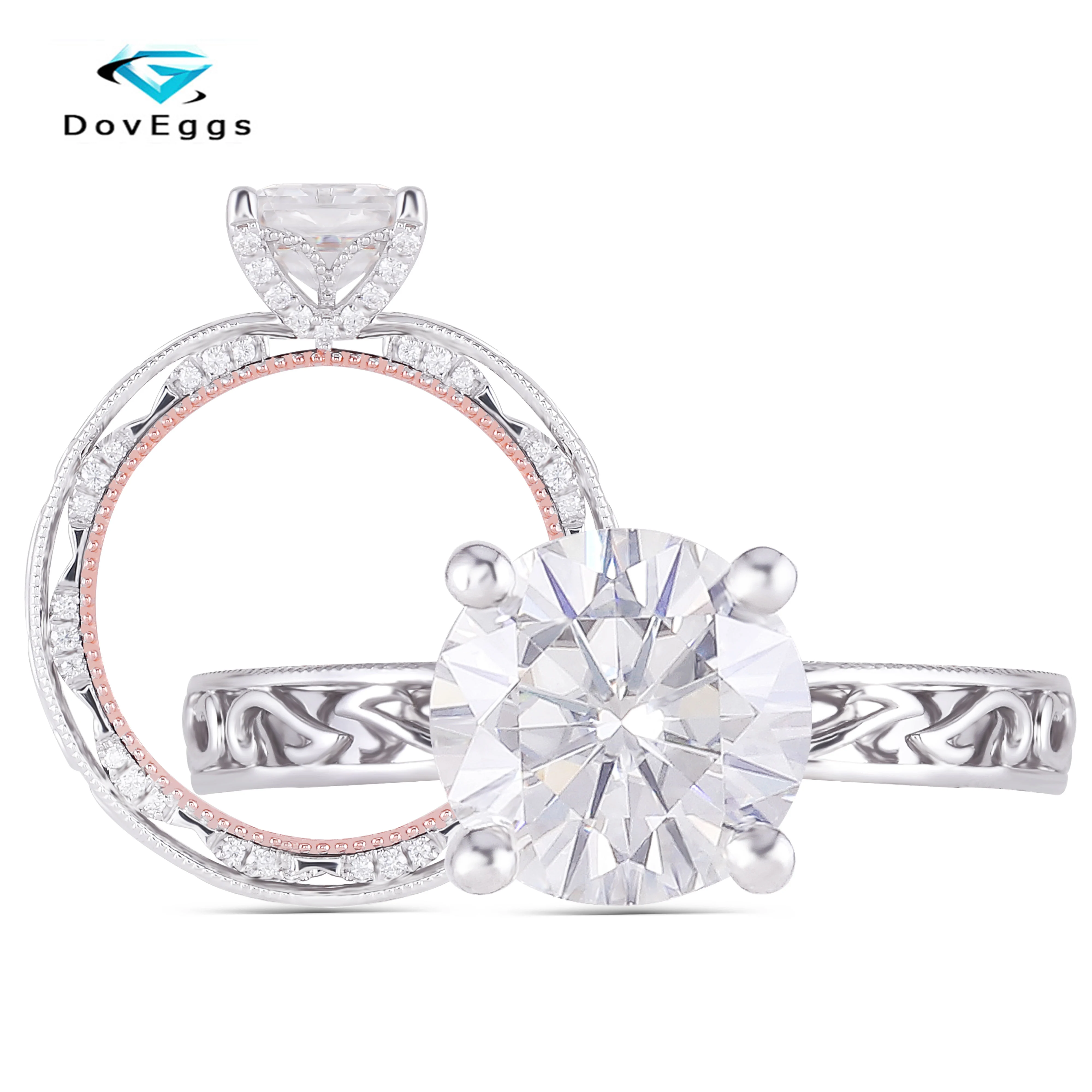 

DovEggs 14K Two Tone White and Rose Gold Overlapped Band Center 1CT 6.5mm F/GH Color Moissanite Wedding Women Ring with Accents