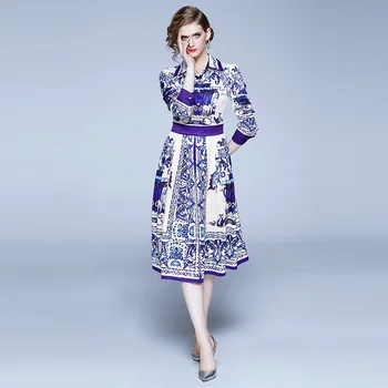 

Women Vintage Print Long Dress New Arrival 2020 Spring Fashion Turn-down Collar Elegant A-line Ladies Party Dresses X056