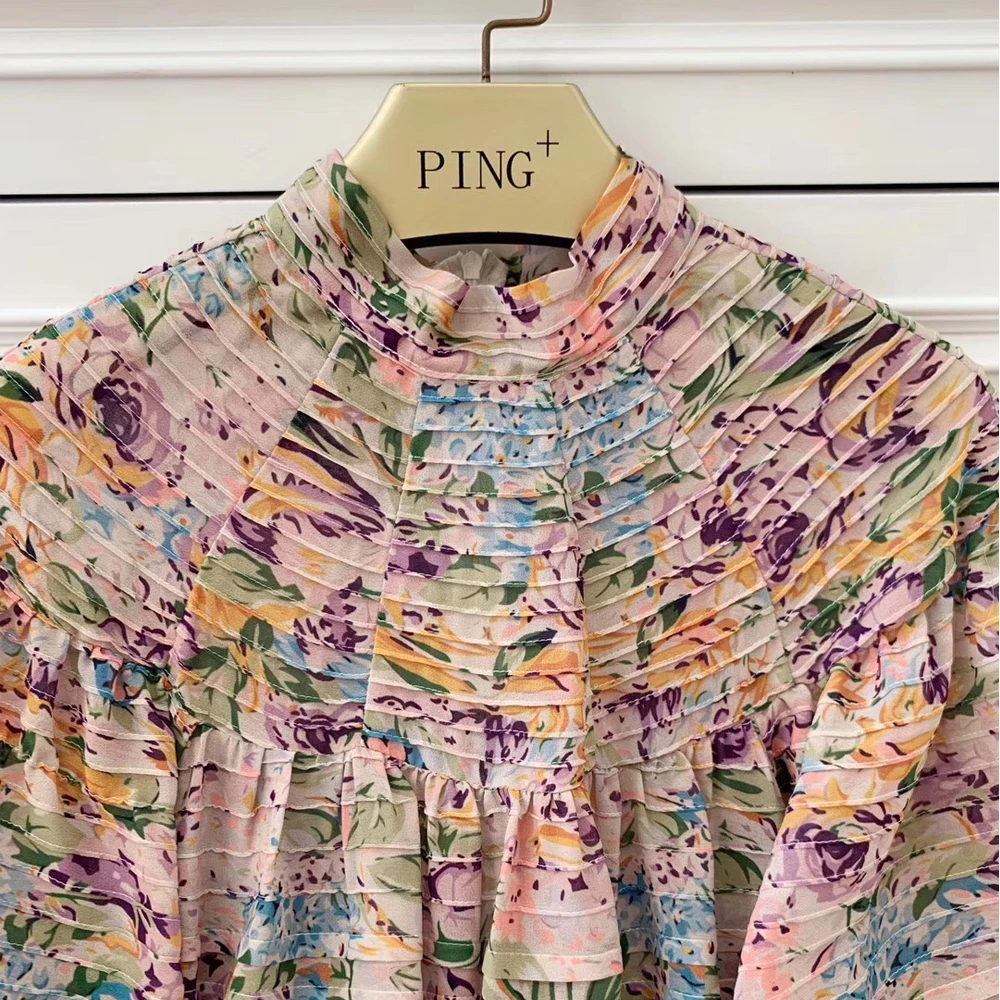 Red RoosaRosee Runway Designer Women Elegant Flower Print Autumn Spring Draped Dress Long Lantern Sleeve Gorgeous Party Dresses