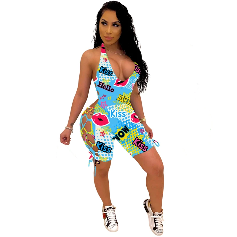 Adogirl Plus Size S-3XL Fashion Print Jumpsuit Lace Up Sexy Deep V Neck Halter Backless Shorts Romper Summer Casual Playsuit