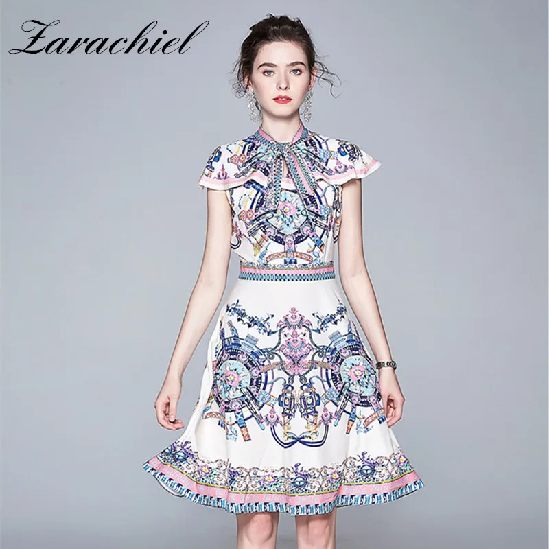 

Fashion Designer Sweet Bow Tie Collar Elegant Cape Dress Women 2019 Summer Vintage Pink Printed A Line High Waist Mini Dresses