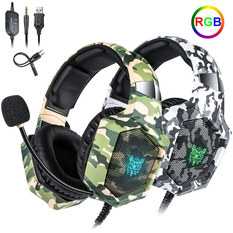 New K8 PS4 Camouflage Gaming Headphones casque Wired PC Gamer Stereo Gaming Headset With Mic LED Lights for XBox One Laptop
