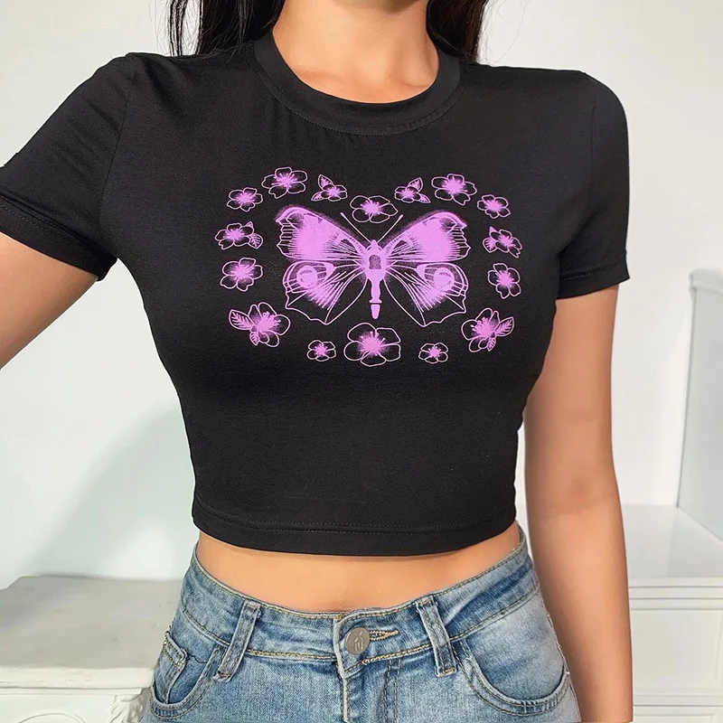 Black Goth Women Slim Short T-shirts 2020 Summer Lady Cool Butterfly Floral Print Hipster Street Tshirt O Neck Basic Hip-hop Top