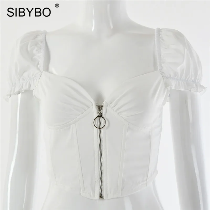 Sibybo тонкий летний укороченный топ на молнии с оборками, женская мода, v-образный вырез, открытая спина, сексуальный топ, однотонная пляжная одежда, повседневные женские топы