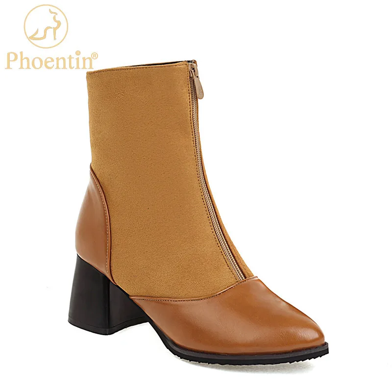 

Женские Модные Лоскутные ботильоны Phoentin на молнии спереди, осенне-зимние короткие ботинки с острым носком на высоком каблуке, большие размеры 34-48 FT1747