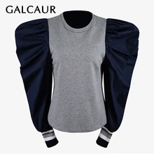 GALCAUR Patchwork Hit Color Women's Sweatshirt O Neck Puff Sleeve Oversized Pullover Sweatshirt Female Autumn Fashion New