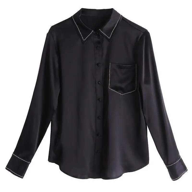 Natural Silk Blouses Autumn Hot Sale Beading Turn-down Collar One Pocket Long Sleeve Black White Office Lady Shirts - Цвет: Black