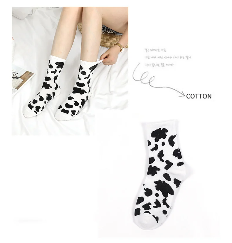 Striped Socks Funny Cow Print White Cartoon Calcetines Cozy Harajuku Skarpetki Damskie Cute Animal Chaussettes Kawaii Happy Sock running socks women