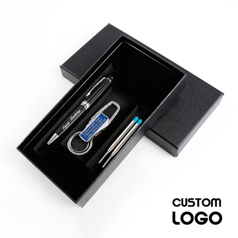 1set Customized Logo Business Metal Ballpoint Pen Black Gift Box Rotating Pens With Key Chain Refill Office Supplies Stationery pen holder for desk 360° rotating pencil pen organizer with 4 compartments desktop storage stationery supplies organizer