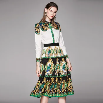 

Designer Runway Skirt Suit Womens Long Sleeve Blouse Shirt Vintage Print 2 Piece Set Elegant Long Skirt Set k8115