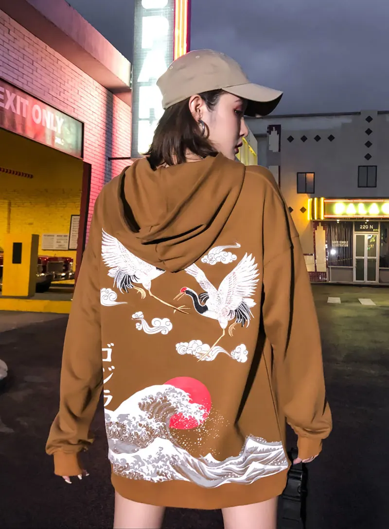 GONTHWID японский стиль вышивка Кран Kanagawa Surf печати толстовки с капюшоном, худи уличная Harajuku Хип Хоп повседневные топы