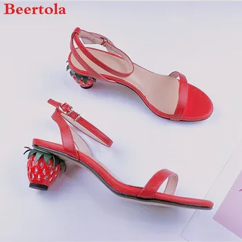 

Leather Women's Sandals Crystal Red Strawberry Heels Buckle Strap Peep Toe Sweet Shoes Women White Green Casual Chaussures Femme