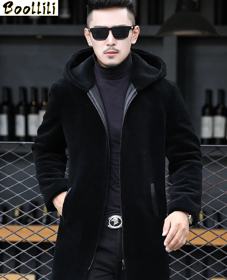 

Boollili Real Fur Coat Men Sheep Shearing Wool Coat Winter Jacket Men's Long Coat Fur Hooded Real Leather Erkek Mont