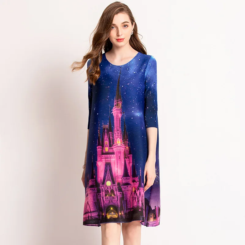 

Plus Size Dress Summer Digital Printed Round Neck Half Sleeves Elastic Loose Miyake Pleated A-Line Casual Dress Above The Knees