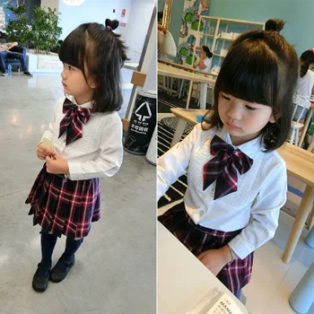

New 4-8 year old Korean spring and autumn girls baby fashion shirt lapel solid color striped plaid shirt short dress two-piece