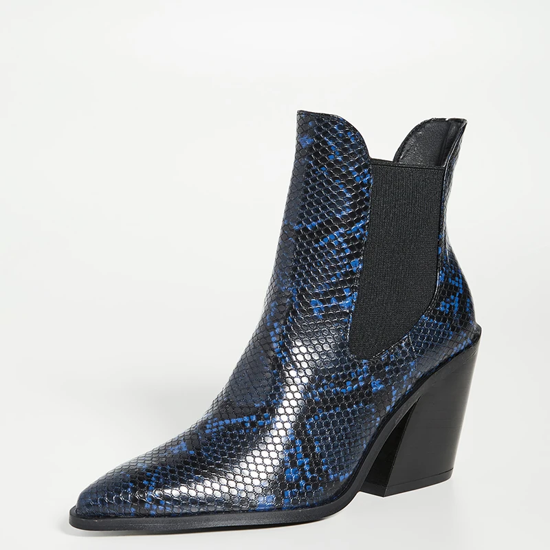 Blue Snake Embossed Texture Booties High Heels Pointed Toe Woman Elastic Large Size 13 15 Lady Fashion Shoes Ankle Boots Shofoo - Цвет: Snake Booties