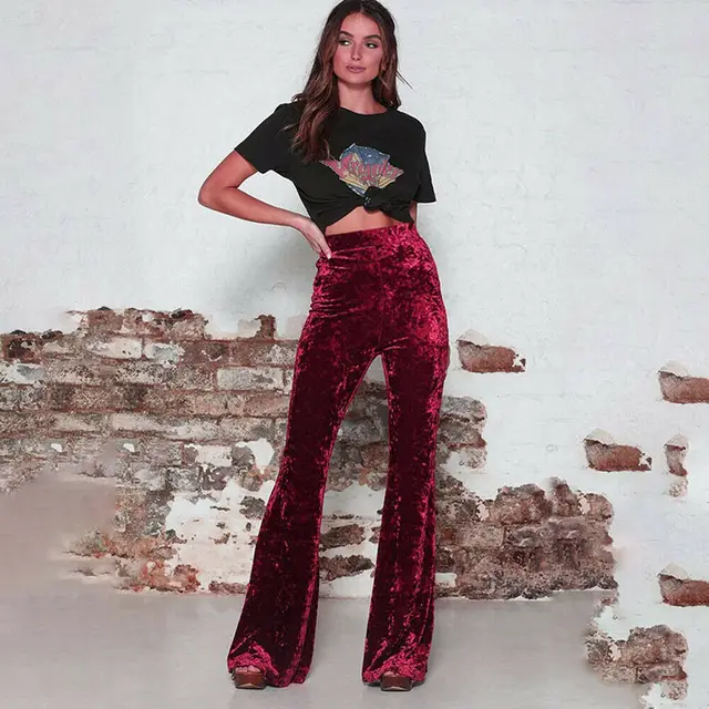 US $5.77 Vintage Velvet Long Flare Pants Women Korean Streetwear Sexy High Waist Trousers Lady Casual Velour