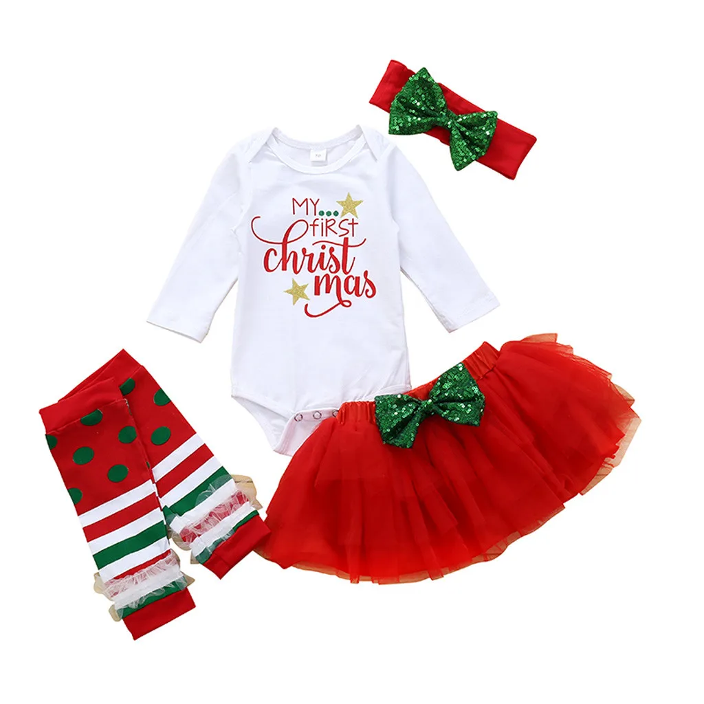 Мой первый Рождественский комбинезон для маленьких мальчиков и девочек на Рождество; боди; платье-пачка; повязка на голову; гетры; комплект одежды;# C - Color: Red