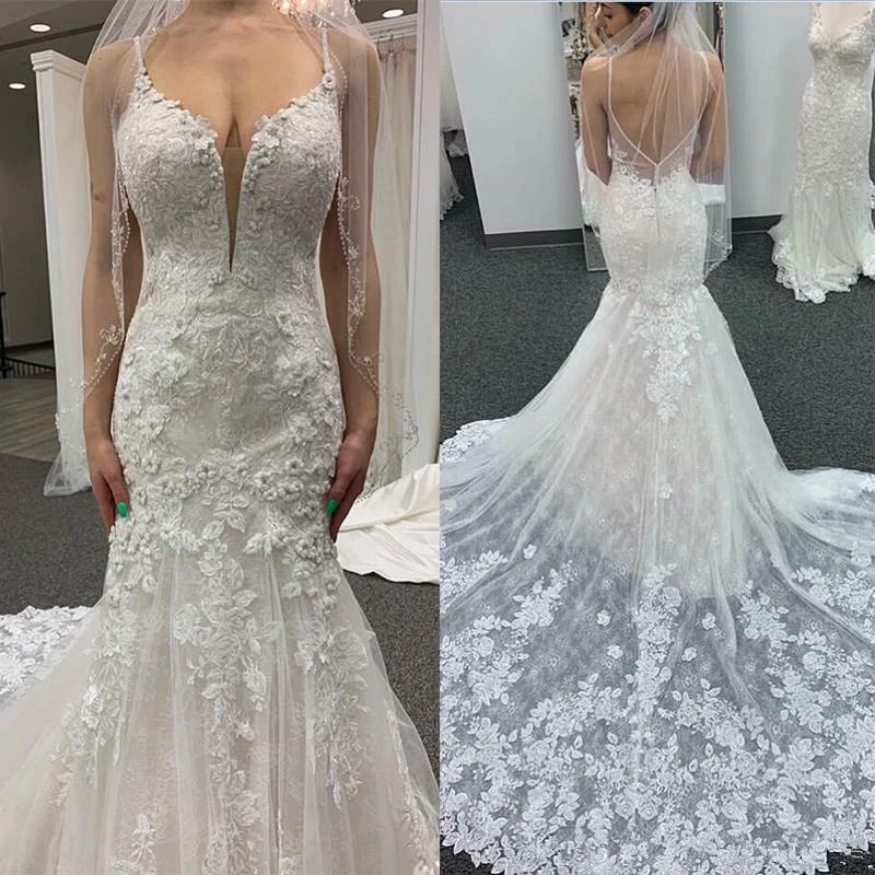 Vestido De Noiva Sereia, сексуальные кружевные свадебные платья русалки с аппликацией, Свадебные платья для невесты на бретельках, Robe De Mariee