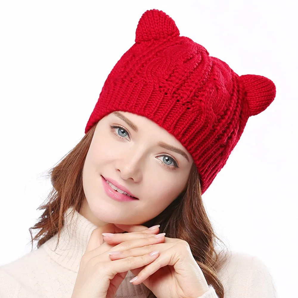 Горячая Распродажа, милые женские шапки с кошачьими ушками, вязаные брендовые теплые корейские милые шапки, зимние вязаные шапки, подарок на день Святого Валентина