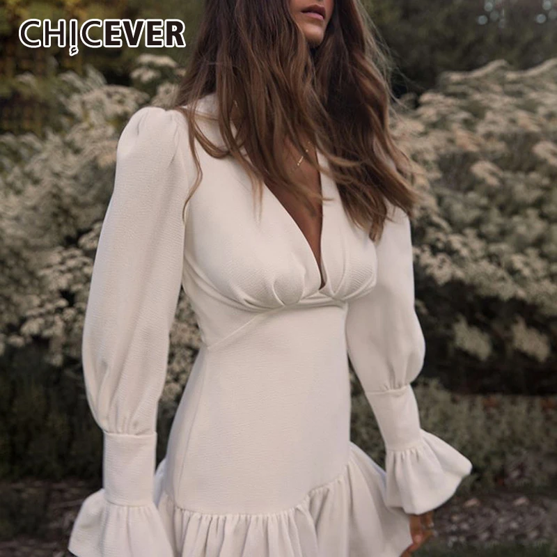 CHICEVER/корейское платье трапециевидной формы, женское платье с v-образным вырезом и расклешенными рукавами, приталенное платье с высокой талией, женская мода, новинка года, осень